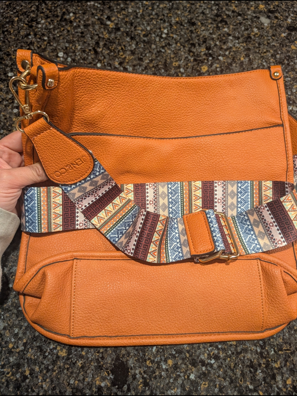Jen & Co Chloe Crossbody Bag in Burnt orange with Patterned Guitar Strap - Picture 2 of 4